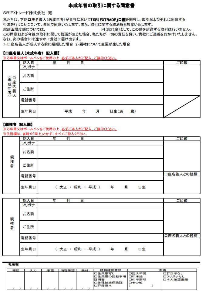 同意書【SBI FXTRADE口座】